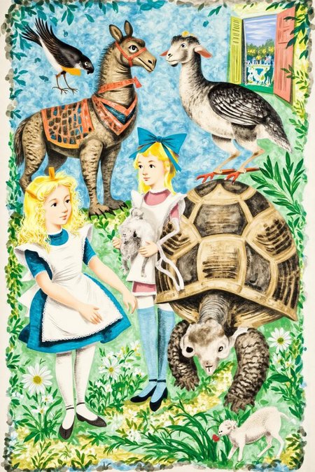 leowe1 joten1 illustration.
A young girl, Alice in Wonderland, with long, curly blonde hair tied back with a blue ribbon, dressed in a white apron over a blue dress and white pinafore, and blue stockings. She is standing between a hippogriff and a giant turtle that has the head of a lamb. The background is a blue sea.  <lora:gwonder1_cap_d6a3e15:1.0><lora:826572654036379076:0>