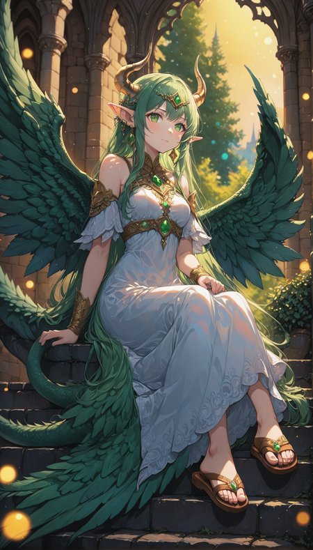 fire_emblem_heroes_xl, mila, 1girl, pointy ears, solo, wings, tail, long hair, horns, green hair, earrings, jewelry, green wings, sitting, dress, sandals, green eyes, dragon tail, elf, full body, feathered wings, circlet, single horn, green tail, seated
on the steps of Hohenzollern Castle, 8K, soft focus, (depth of field, bokeh:1.3),
very aesthetic, highres, intricate detail, cinematic lighting, amazing quality, amazing shading, detailed Illustration, official artwork, wallpaper,
extremely detailed eyes and face, beautiful detailed eyes,
from below
<lora:aesthetic_anime_v1s:1>
<lora:Fire_Emblem_Style:1>
<lora:IOS_Iridescent_opal_style:0.8>
