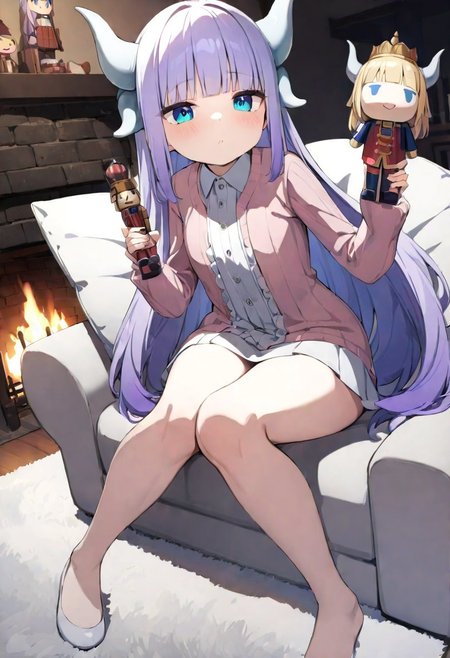 masterpiece, (Best quality:1.2), highres, (scenary:1.2), Dynamic light,, wooden,, living room,, Kanna_Kamui,, long hair, bangs, blue eyes, light purple hair, hair beads, dragon horn, horns,, holding a nutcracker, doll on the lap, fireplace flickering,, white ottoman sofa, sitting, lying on the sofa,, fluffy pillows, white carpet, flowers, lights,,
