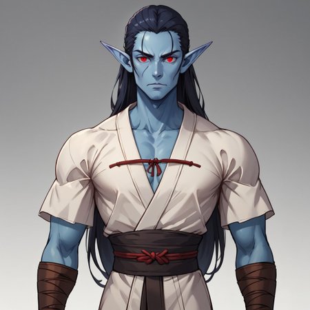 solo,  old elf male,  blue skin, very long black hair, thin body,  small normal ears, monk clothes, red eyes,
