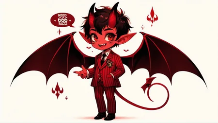 "Need 666 Buzz" written across the top, imp, horns, tail, cute, mischievous, formal suit, bat wings, red theme, detailed rendering,
