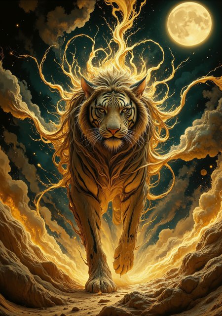 The digital work is a surrealistic depiction of a fantasy scene in the genre of mythical beasts. In the center of the artistic composition stands a majestic tiger - a mythological creature, who is the god of time Tempus. His majestic body shimmers with gold, and his fur seems to be woven from sand and sunlight. The stripes of this tiger are a rich green color, like emeralds woven under the skin. His stern face is framed by a majestic and long mane, fluttering in the wind in smooth wavy curls that disappear from sight in an immaterial space. His powerful paws, also dotted with green stripes, firmly step through the air, creating a magical space of flowing golden sand beneath them. He walks across the night sky towards the moon, stepping on it as if it were a solid surface, and illuminating everything around him like the sun. His head is decorated with four golden horns, symbolizing his unearthly origin. We look at this beast from below, as if it were a pure deity, walking across the sky and showering the mortal earth with a waterfall of golden sand, which pours from its outstanding mane.


volumetric lighting, cinematic lighting, aesthetic design, dramatic angle, (((dutch angle))), low angle, dramatic framing, cinematic framing, posing at an angle, extremely sharp focus, unique artistic composition, hight reflection, (maximum ultra-high definition image quality and rendering:3), maximum image detail, maximum realistic rendering, strong reflection