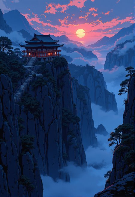 <lora:ck-ghost-reaper:0.9>, This is a digital artwork in the style of ckgr,
Inkpunk Anime, inksketch in dark blue and black, image of shinto shrine on top of a mountain, long flight of steps up to it, canyon, ravine, sunset, mist