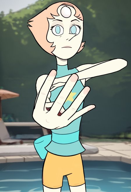 score_9, score_8_up, score_8,    
 <lora:Holding_Up_4_Fingers:0.7> holding up 4 fingers, 4f1ng3rs, pose
outdoors, swimming pool,     <lora:Pearl_Steven_Universe_COMMISSION:0.8> peach hair, pearl, 1girl, forehead jewel, short hair, solo, sleeveless, shorts, blue eyes, star (symbol)