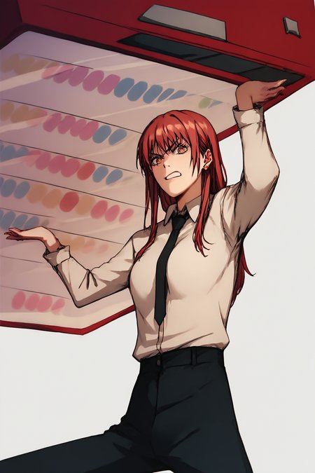 score_9, score_8_up, score_7_up, score_6_up, score_5_up, score_4_up,   <lora:mak1ma0XL_Pony_v1:0.8> , mak1ma0, red hair, long hair, ringed eyes,white collared shirt,black necktie, black pants, angry, 1girl, alone,  <lora:throwing_vending_machine:0.8>, vending machine, carrying vending machine, masterpiece, highres, highly detailed face, white background, simple background