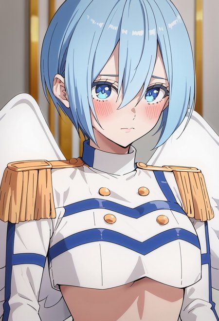 score_9, score_8_up, score_7_up, source_anime,nonoa, short hair, blue eyes, blue hair, 1girl, solo, wings, crop top, closed mouth, hair between eyes, epaulettes, upper body, underboob, angel wings, angel, blush