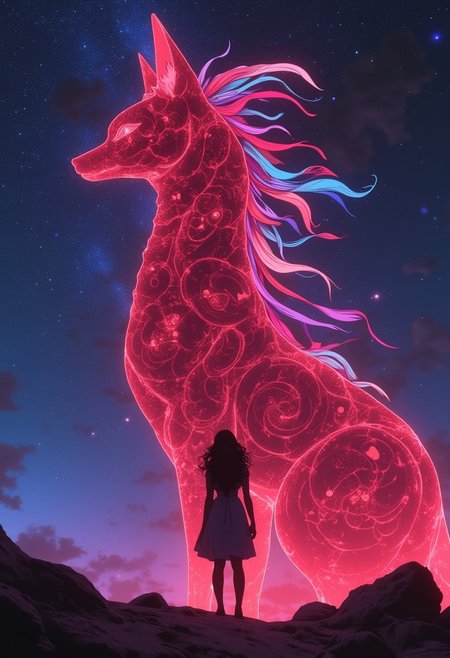 In a photograph reminiscent of the 1980s and 1990s, a woman’s silhouette stands against a towering, ethereal fox-mononoke with seven tails. This translucent, dark-red entity, filled with a blood-like substance, boasts intricate, cybernetic patterns inspired by Ghost in the Shell. Its multicolored ribbon tails trail behind, blending with the neon-lit night. The Milky Way’s cosmic backdrop adds to the scene’s blend of ancient and futuristic elements. With atmospheric haze, film grain, and a shallow depth of field, this highly detailed, high-budget cinematic scene evokes the epic, gritty feel of classic anime.
