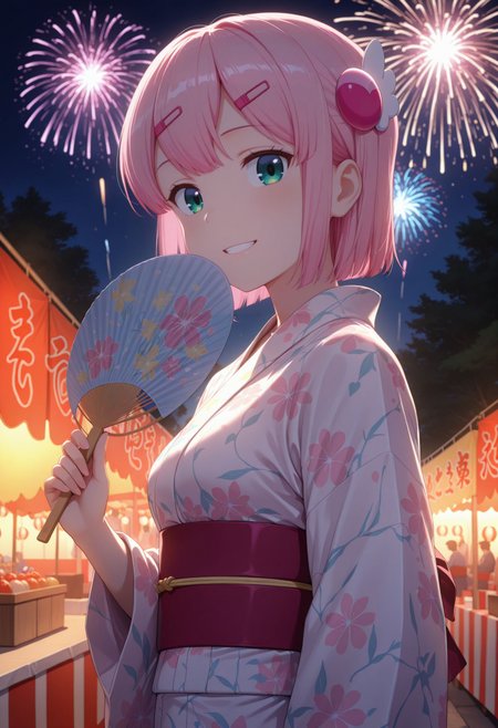 masterpiece, best quality, amazing quality, very awa, looking at viewer, grin, 
 yukata, holding fan, summer festival, night, aerial fireworks, tree, backlighting,
  <lora:Chiyoda Momo v2:1> 1girl, short hair, pink hair, hair ornament, hairclip, green eyes, small breasts,