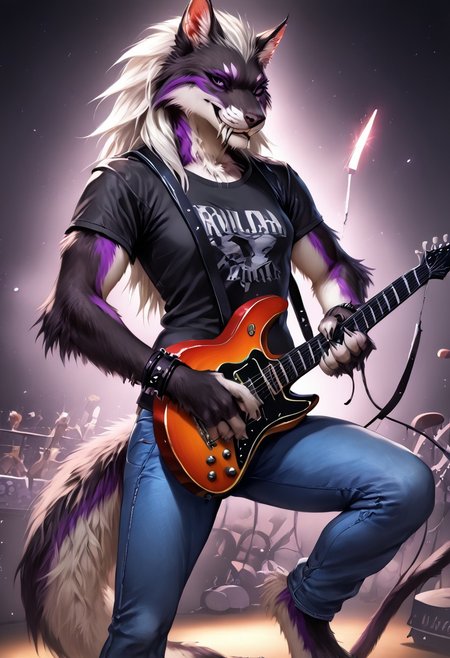 score_9, score_8_up, score_7_up, ng_deepnegative_v1_75t, by reallynxgirl, female, ((((anthro)))), 1girl, furry_female, solo, furry, animal_ears, tail, purple_eyes, long_hair, small breasts, smile, animal paws, claws, looking_at_viewer, snout, cinematic lighting, anime style, athletic body, strong body, muscular black T-shirt, blue jeans, black belt, silver buckle, leather bracelet (leather bracelet with silver spikes), 2D, frontal, detailed background, rock club, rock concert, dark, flashes, stage, stage, (guitar in hand:1.8), electric guitar, (playing electric guitar:1.8), posing for photos, solo