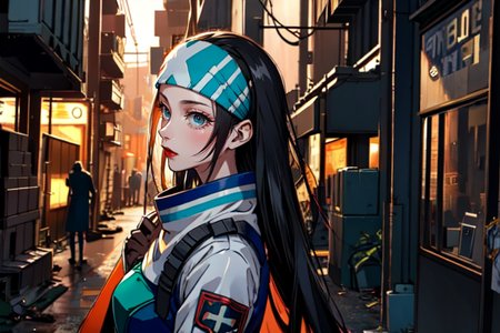 highly insanely detailed, masterpiece, top quality, best quality, highres, 4k, 8k, RAW photo, (very aesthetic, beautiful and aesthetic),  
beth_\(megami_tensei\),bethsmtii,shin megami tensei ii,long hair,black hair,straight hair,sleek black,jewelry,cross,headband,red_lipstick,Tokyo_Millennium,post-apocalyptic_city,dystopian_world,Order_of_Messiah,Religious_order,messianic_cult,divine_rulers,Millennium_News_Network,City_news,propaganda_broadcasts,information_contro, 
<lora:zs_Beth:0.8>, 
(1girl:1.3), 1other, 
dirty alley,(pure orange background,transparent background:1.2),âââ