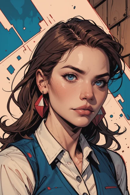 1girl, solo, blue vest, blue eyes, long hair, vest, looking at viewer, brown hair, shirt, indoors, upper body, white shirt, long sleeves, lips, realistic, jewelry, collared shirt, nose, earrings, swept bangs, closed mouth, wooden floor, ribbon, buttons, a_Comic_Illustration, rough lines with ink, (drawn:1.1), (sketch:1.5), (crosshatching:1.25), (comic style:1.1), graphic novel style, sharp lines, hires, zstyle, (western comics \(style\):1.1), (hatching \(texture\):1.2), zPDXL, Mr_Monster_Possitive, <lora:Expressive_H:0.5>, score_9, score_8_up, score_8_up,