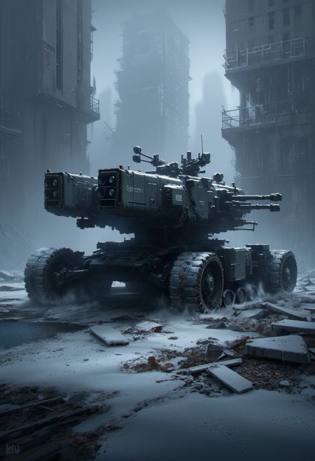 photorealistic highly detailed image of a colossal mobile fortress, running on tank caterpillar tracks, bristling with guns and rocket launchers, moving slowly through snow covered city ruins during a snowstorm, snowin the air, dark night, silhouetted, chiascuro, directional lighting