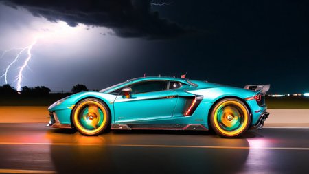 Hyperrealistic art a sci-fi future sportscar in random colors passing by,  (camera from front:1.3), light speed, neon, flash, motion trail, (stars and a future City in the background:1.3), motion blur, epic visual effects, interstellar, flow, detailed, scifi, star blast, dark vibrant colors, cosmic art, stars in background, cinematic scene, lens flare, god rays, glow,  glowneon, glowing, sparks, fullmoon night, stormy weather, lightning, ultra detailed , dramatic lighting, shallow depth of field detailed background, dark noir style, HDR, RAW, ray tracing reflections, sharp focus, ultra realistic
<lora:dreamcolor:0.3> <lora:style:0.3> <lora:EDG_-_Test_Lora:0.3> <lora:SDXLHighDetail_v5:1> <lora:LowRA:1> <lora:ste4mpunk:1> . Extremely high-resolution details, photographic, realism pushed to extreme, fine texture, incredibly lifelike