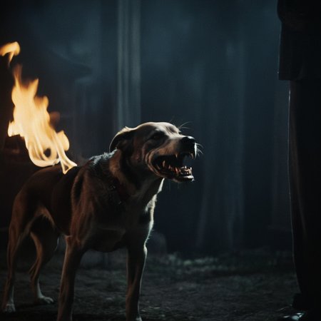 cinematic film still of  <lora:Fright Night 1985 style v2:1>
In the 1980's Zombie Skeleton creature monster a dog with a fire in its mouth, skeleton on fire, solo,1boy , horror themed, dark themed, low key light, dramatic light, dramatic shadow light, contrast, cinematic color, cinematic look, filmic, realistic, realism, perfection, perfect, Kodak, Kodak film, movie still, Fright Night 1985 style, Fright Night Film style, shallow depth of field, vignette, highly detailed, high budget, bokeh, cinemascope, moody, epic, gorgeous, film grain, grainy