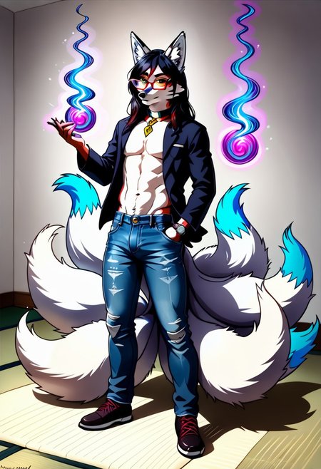 safe_pos, {((1male:2.0)), furry, fox, ((kitsune:2.0)), white fur, long hair, dark hair, blue highlight in hair, fox ears, glasses, nerdy, fox tails, denim jeans, shirtless, thin build, androgynous, hypnotist, holding pocket watch, corruption magic, dark magic, student, on college campus, full body render, }

FurryDalle, cartoon, high quality, 