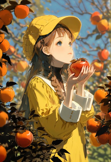 masterpiece, best quality, <lora:REDUMXLANI31lokrV53P1-000121:0.95>  1girl, solo, fruit, food, holding, braid, brown hair, holding food, long hair, holding fruit, outdoors, apple, long sleeves, twin braids, yellow headwear, upper body, blurry, closed mouth, tree, blue eyes, hat, day, blurry background, bangs, hands up, looking up, leaf