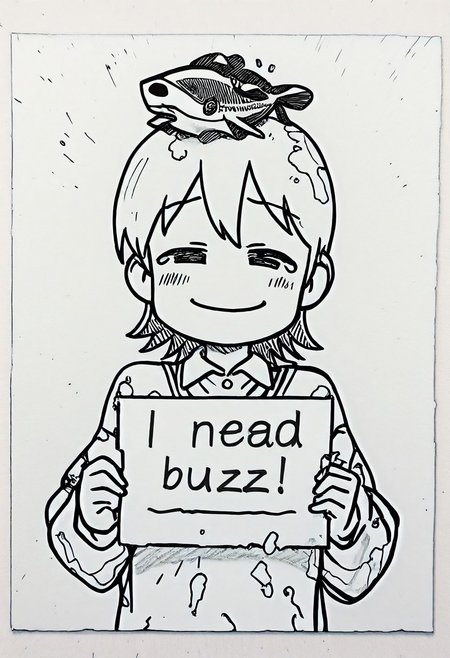 masterpiece, best quality, amazing quality, high quality, masterpiece, 
Aioi Yuuko, tilting head, smug, dead fish on head, 
StainedArt_IL, sketch, paint splatter, Spill Art, coffee spill art, dissolving, stainedart_il
need_buzz, holding sign that says "need buzz"