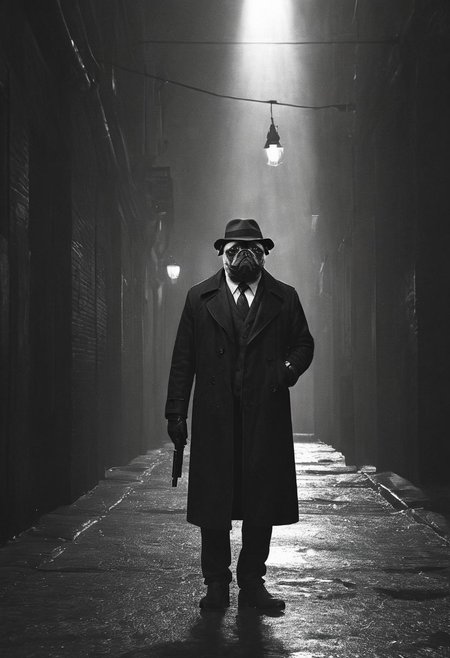 bw, grayscale, (anthropomorphic-pug: 1.59) noir detective in Los Angeles,, Volumetric lighting, concept art, sharp focus, digital art <lora:xl_more_art-full_v1:0.8> <lora:Into_Darkness:0.8>, fedora, smokey, trench-coat, standing in wet alley, brick walls, holding revolver