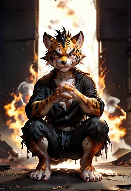 (((Barefoot furry character, full body, cinematic setting, furry male, plantigrade))) 
(((I am not a hero)))
(((I’m not what you think)))
Seven days, a morning mess
I know it’s just my own life
Looking for another world
I try not to burn out
The world awaits, so here I am
I am not a hero
I am not what you think
I just try to do my best and not to give in
I am not your hero and that’s why sometimes
I hide in (((a dark corner))) to (((break down and cry)))
Seven, they are my sins,
Burning flames under my skin
No hesitation, no turning back
I follow my rules, I try to forget
The burden I carry, used to slow me down
But now I am rising with a new strength
I am not a hero
I am not what you think
I just try to do my best and not to give in
I am not your hero and that’s why sometimes
I hide in a dark corner to break down and cry...
BREAK, intricate details, highly detailed, extreme detail, octane render, fine art, best quality, highres, (detailed face:1.5), ((full_body)), UHD, (((perfect hands))), low light, anime