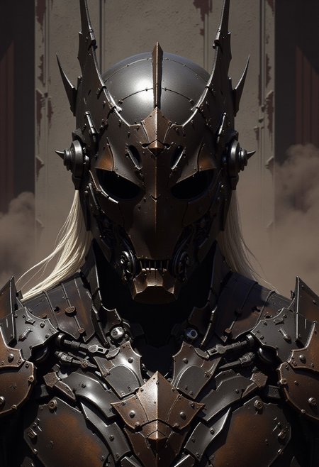 detailed renaissance oil painting, masterpiece, FredFraiStyle, Photorealistic portrait of a faceless android warrior. Features a striking helmet design with a sharp, central V-shaped faceplate made of matte black segmented plates, converging to a point. Flanked by tall, slender, slightly curved fin-like antennae/crests rising vertically. Extremely intricate mechanical neck and upper torso visible, showcasing layered dark gunmetal plating, exposed actuators, wiring, and complex joints. Contrasting white or silver synthetic cables resembling long hair flow down from the helmet base. Set against a gritty, out-of-focus industrial or urban decay background. Cinematic lighting, hyperrealistic textures, shallow depth of field