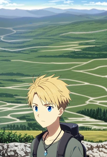 high resolution, solo, best quality, 1Boy, Yamato Ishida, Blond Hair, Blue Eyes, Necklace, landscape, upper body, looking a view, upper body, high mountain, hiking gear, OverallDetail