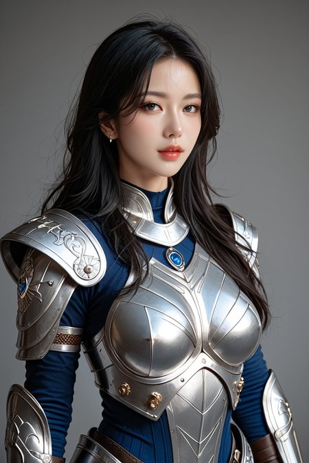 A fierce female warrior with long, flowing black hair, her armor etched with glowing blue circuits and electronic chip, stands in the heart of a digital nexus. Surrounding her is a vortex of luminous circuitry, casting intricate patterns of light on her armor. The scene is rendered with photorealistic detail, the lighting capturing the interplay between the metallic textures and the pulsating blue energy of the digital backdrop. <lora:add-detail-xl:0.5>, <lora:Expressive_H-000001:1.2>, <lora:IzayoiLycoXL:0.3>, embedding:pureerosface_v1, A stunning real medium breasts Korean woman with long flowing dark hair, her piercing gaze directly addressing the viewer. score_9, score_8_up, score_7_up,  (ultra HD quality details), High Fashion,