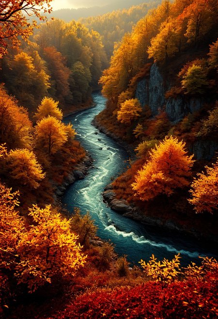 A winding river meanders through an autumn forest, reflecting the fiery hues of trees in vibrant shades of red, orange, and yellow. Oscar Ukonu’s precise shading and hyperrealistic textures bring each leaf and branch to life, capturing the richness of the fall landscape. Emile Claus’s mastery of soft, golden light casts a warm, inviting glow over the scene, enhancing the richness of the foliage. Julie Bell’s dynamic portrayal of nature adds depth and movement, as the river flows gently through the trees, creating a serene, immersive moment in the heart of autumn.
vivid colors.
detailmaximizer, aidmaMJ6.1,  Movie Still, Film Still, Cinematic, Cinematic Shot, Cinematic Lighting, detailxl, flux-style, midjourneyv6.1
