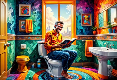 a colored  painting of a bathroom interior, a man sitting on toilet reading a book and smiles because he is amused about the funny things he is reading in the book, stadium   , (8k, RAW photo, best quality, masterpiece:1.2),best quality, ultra high res,(sharp focus:1.2),DOF, geometric patterns, intricately detailed, perfectly balanced, deep fine edges, artistic photorealism,photorealism, vivid colors,, 8K, UHD, many details, extreme detailed, full of details, BadDream, Jed-Splash,    <lora:ColourfullSplashStyle:0.5>