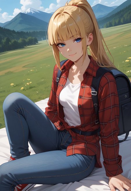 (score_9, score_8_up, score_7_up), 
dutch angle, 
1girl, solo, blonde hair, blue eyes, long hair, hime cut, bangs, small breasts, windy hair, ponytail, ass, backpack, (reclining:1.3), collarbone, picnic,
flannel shirt, red flannel, white t-shirt, unbuttoned, jeans, 
BREAK, sneakers, mountain trail, cowboy shot, looking at viewer, smug