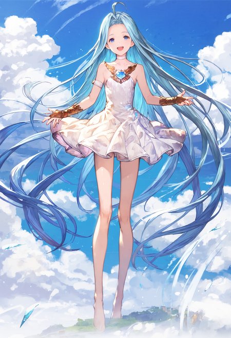 score_9, score_8_up, score_7_up,score_6_up, source_anime, best quality, aesthetic, absurdres, (artistic photograph, highly detailed:1.1), (kyoani:1.1), 
scenery, (blue sky:1.2), shiny skin, full body, 
1girl, solo, standing, smile, (clear eyes:1.2), looking at viewer, open mouth,
Lyria (Granblue Fantasy), long hair, blue hair, (skinny:1.2), small breasts, white choker, blue gem, white cami-dress, bare shoulders, strapless, bridal gauntlets, miniskirt, 
(clear eyes:1.1), <lora:Lyria-Pony:0.8>  <lora:IshikePony:0.3>