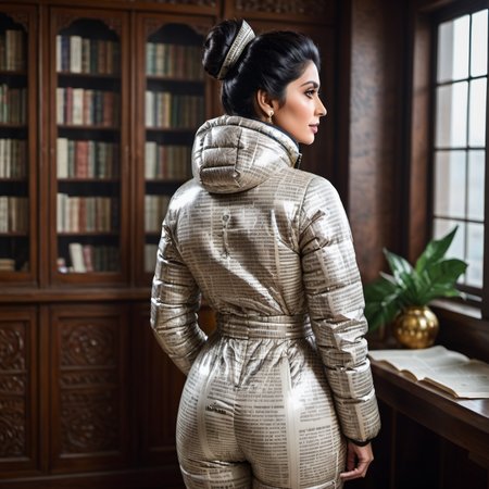 (from behind)  one pakistani middle aged women wearing aVintage newspaper prints   latex downsuit puffer_downsuit , hyperdetailed photography,4k textures,intricate details,4k resolution,  <lora:puffer_downsuit_v1:0.4> indoors scene