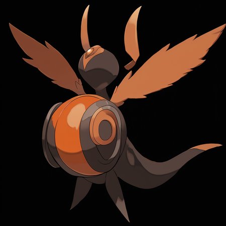 <lora:pokemon_pony_xl:1>, watercolor creature art like pokemon, Type: Ghost, Type: Steel, Egg Group: Flying, is a pokemon creature that It possesses a row of Copper spines along its forearms, used in defense and during mating displays,The monster's skin can harden into Brown plates on demand, offering an extra layer of protection during combat,The animal's hindquarters are adorned with Black stripes that pulse rhythmically, playing a role in mating rituals and social interactions,The creature can retract its limbs into its body, adopting a spherical shape to roll away from threats,It sings with the dawn, a chorus that welcomes the sun and stirs the world into waking score_9, score_8_up, score_7_up, score_6_up, score_5_up, score_4_up.  Simple black background, (Masterpiece:1.3) (best quality:1.2) (high quality:1.1)