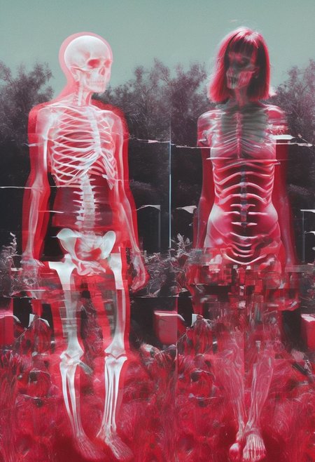 hyper realism, IR photo, light leaks, (split screen overlay , x-ray view:1.3), , , double exposure , , (glitched image:1.2), , , a glitched out portrait of a red skin demon girl walking through a graveyard  ,   pixelation , sinusoidal distortions, screen tear,  , post modern deconstruction , molecular view , vibrational spiral signals,  (rose garden overlay, split screen image:1.1), abstractions, experimental ,<lora:xray:1> <lora:rg3.0:.8>
