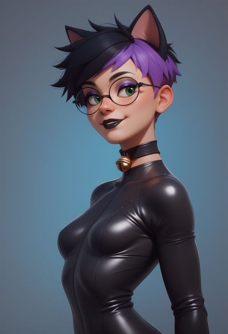 (Realistic Lighting:1.0), score_9, score_8_up, score_7_up, score_6_up, score_5_up, score_4_up score_9,score_8_up,
masterpiece, 1girl, (sexy 18 year old tomboy, perfect body, fair skin, green eyes, cute face, freckles, small breasts, long legs, choker, black lipstick, purple eyeshadow, eyeliner, mascara, firm butt, round ass, smile, black hair, glasses,
two-tone hair, purple IncursioDipDyedHair, pixie cut purple hair)
zPDXL, source_comic, cat ears, gold bell choker, leather catsuit, claws, seductive look, eyelashes