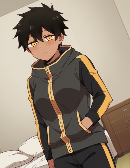score_9, score_8_up, score_7_up, source_anime,
natsumikurobe, <lora:natsumi-kurobe-s1-ponyxl-lora-nochekaiser:1>,
natsumi kurobe, short hair, black hair, yellow eyes, slit pupils, dark skin, dark-skinned female,
jacket, pants, hood, zipper, tomboy,
indoors, bed, bed room, on side, blush, drunk,
looking at viewer, cowboy shot, solo, dutch angle,