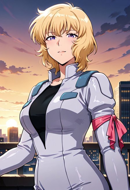 ((masterpiece, absurdres)), best quality, amazing quality, newest, 4k, anime coloring, very aesthetic, ray tracing, Smooth Quality, CG,city view,peggy, 1 female, blonde hair, short hair, pilotsuit, black t-shirt, arm ribbon,