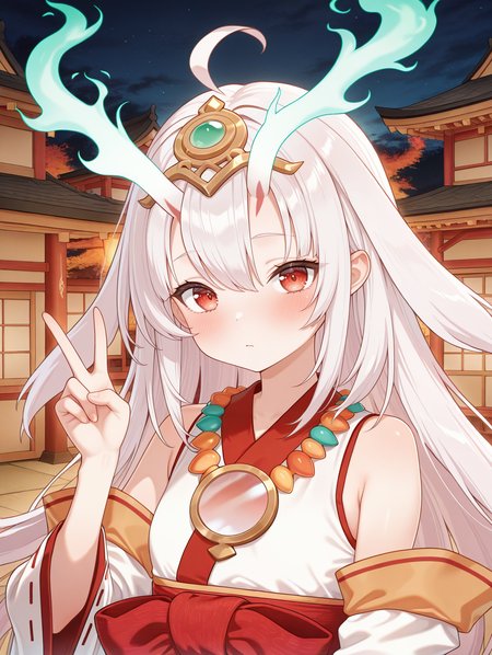 oni girl, kurikara divincarnate, 1girl, solo, blush, looking at viewer, upper body, v, closed mouth, hand up, east asian architecture, white ribbon-trimmed sleeves, white sleeveless kimono, gold headpiece, mirror necklace, red bow
masterpiece,best quality,amazing quality,very aesthetic,absurdres,newest,<lora:Kurikara Divincarnate illuXL v1:0.84>,