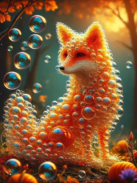 very detailed Fox made of soapbubbles, awesome appearance, magical landscape with enchanted elements, fantasy art style, pumpkin orange theme, intricate details, ultra sharp, exquisite detail, flawless composition, vivid colors, masterpiece, exciting background <lora:bubbles_lora_xl_webui:1>