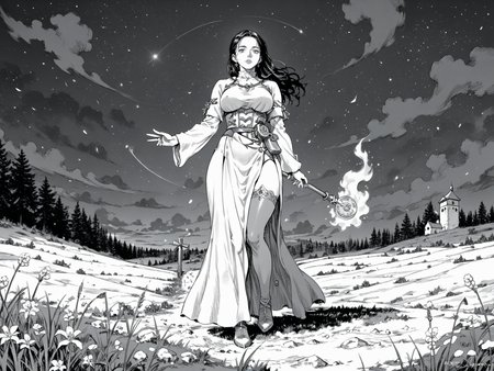 mature woman, purple eyes, black hair, long hair, red mage outfit, large breasts, wide hips, thick thighs, grass field, highleg, thighhighs, solo, frost magic, night,
, <lora:Berserk:0.8>, score_9, score_8_up, score_7_up, zPDXL3, monochrome, greyscale