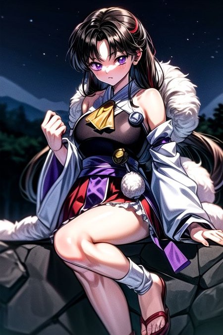 masterpiece,  best quality 1girl Setsun4 solo long hair,  (night time) forest background black hair very long hair purple eyes multicolored hair armor (fur trim) (medium body),<lora:EMS-179-EMS:0.800000>,<lora:EMS-293862-EMS:0.800000>ascot, bare shoulders, black footwear, detached sleeves, embellished costume, frills, japanese clothes, nontraditional miko, red skirt, sandals, sarashi, skirt, socks, white sleeves, white socks, wide sleeves, yellow ascot, zouri, armor, miko