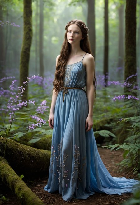 A young woman with long, flowing hair stands confidently and curiously in an enchanting, dark forest illuminated by the soft glow of purple fireflies. She is wrapped in a gown of linen and dried leaves, with intricate floral embroidery and thigh-high socks, which contrast beautifully with the mystical surroundings. The forest is alive with bioluminescent flowers that emit a gentle, ethereal light, casting an otherworldly glow on her serene face. The atmosphere is magical and mysterious, with a subtle, magical mist swirling around her. The scene is tranquil yet filled with a sense of wonder, as she gazes thoughtfully into the distance, surrounded by the enchanting beauty of the forest. (luc14nn4, freckles on her nose, long hair, brown hair, expressive blue eyes, soft pale skin.)