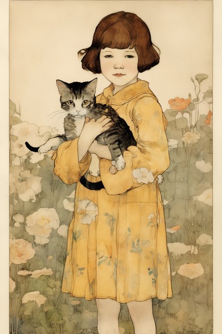 Jessie Willcox Smith Style - a little girl from the 1920 with bobbed hair holding a kitten in Henry Darger and Ayami Kojima style.