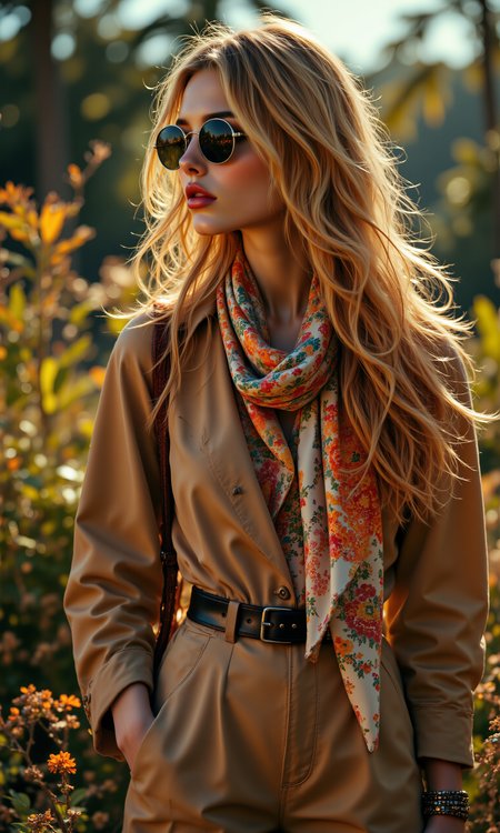 A 1970s fashion editorial featuring a French model in Yves Saint Laurent's iconic safari jacket, paired with wide-legged trousers and a leather belt. The model stands in a lush tropical setting, with large sunglasses and a scarf tied around her hair, embodying the safari chic trend of the decade. Natural lighting with warm tones, soft shadows, photorealistic, ultra-high definition. <lora:FLUX.1-DEV_-_Wild_1970s_Fashions_LoRA:0.8>, <lora:midjourney_whisper_avant_couture_v01:0.6>,
break
perfectly smooth jawline, no cleft chin, soft and defined chin, symmetrical and elegant facial features, well-balanced proportions, delicate and flawless face, smooth skin texture, sharp yet gentle jawline, natural beauty, high cheekbones, soft jaw curves, sleek, even facial structure, harmonious face symmetry, no dimples or clefts, clean and graceful profile, refined and polished appearance, seamless jawline transition, fine facial detail,
break
poised lean pose, captured in motion, three-quarter view, straight-on, slight tilt, mid-range, centered subject, ruffled clothing, looking away,
break
8k, vibrant photorealistic color scheme, intricate fabric textures, soft bokeh for depth, warm tones with subtle shadows, natural light filtering through the scene, high dynamic range, slight lens flare, fine grain film effect, Rembrandt-style lighting, fashion editorial finish. aidmafluxpro1.1, <lora:aidmaFluxPro1.1Stylev0.2:0.7>, midjourney_whisper, <lora:midjourney_whisper_flux_lora_v01:0.5>, velvet_myst, <lora:Midjourney_Whisper_Chromaplex_Velvet_Myst_v01:0.2>,