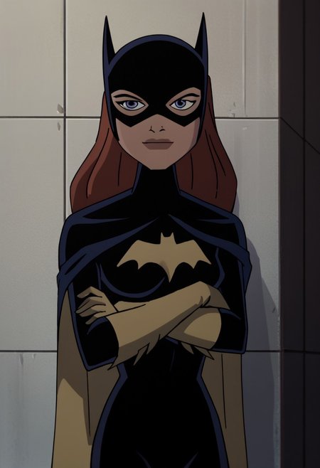 score_9_up, score_8_up, score_7_up, ben10afstyle, 1 girl, solo, batgirl, blue eyes, ginger hair, long hair, mask, gloves, bodysuit, cape, batgirl classic suit, closed_mouth, smirk, leaning against wall, arms crossed, simple background