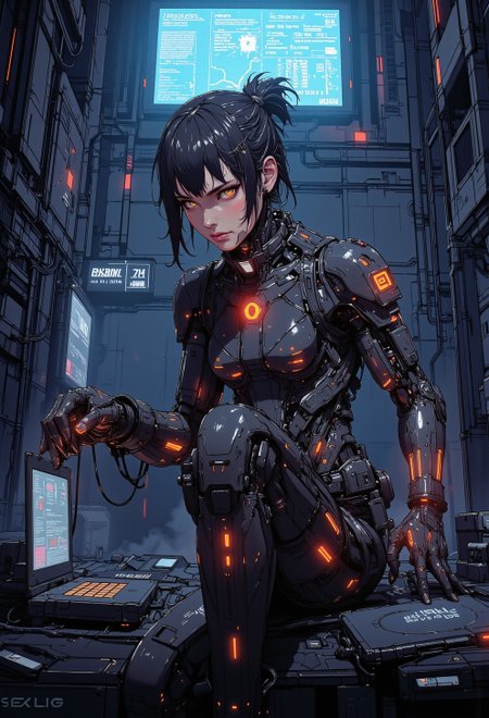 <lora:ck-nc-luminal-genesis:1>, A digital anime artwork in the style of cklg, a cyberpunk humanoid woman with a shiny reflective intricate shiny mechanical high tech component bodysuit, neonpunk, (looking mysteriously at the viewer, eye contact), direct eye contact. a scanner scans the viewer, hunter, nistyle
in a hacker room, stealing hard disk drives
<lora:ck-Sci-Fi-Concepts:0.3>
<lora:flux.1_lora_flyway_Epic-detail_v2:0.6>
<lora:CPA:0.5>
 <lora:test2:0.7>
 <lora:Anime v1.3:0.2>