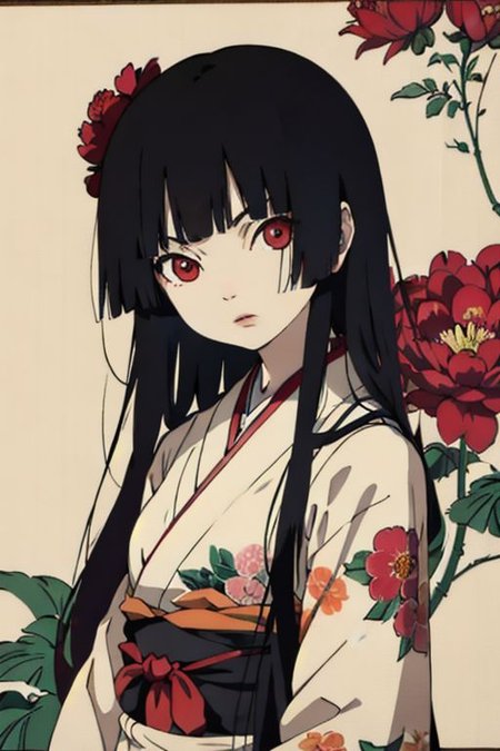 enma ai, hair down, hair black, bangs, eyes red, masterpiece, best quality, ultra-detailed, illustration, 1girl, solo, highres, photorealistic, ultra high res, (Original illustration composition), (fusion of limited color, Maximalism artstyle, kimono obi fashion, double exposure, background, illustration, Amazing, lily spider, night darkness, open one's mouth, flowers red, (polychromatic peony:1.15), Movie poster, ink Chinese