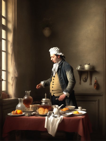 <lora:Jean-Baptiste-Simeon Chardin Style:1>Jean-Baptiste-Simeon Chardin Style - photo realistic high quality of restaurant in France in 18th century serving broths to refresh patrons