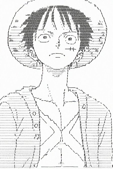 <lora:LUFFY_pony_XL:0.6>, Luffy, jacket, scar on chest, straw hat, black hair, 1boy, solo, alone, <lora:Ascii_character_illustriousXL:0.9>, ascii_art_style, monochrome, greyscale, white background, simple background,  masterpiece, highres