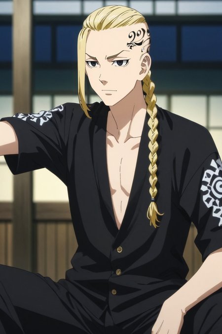 score_9, score_8_up, score_7_up, source_anime, rating_safe, , semi-realistic, looking at viewer, depth of field, 1boy, solo, male focus, <lora:ken_ryuuguuji_pony:0.84>, ken_ryuuguuji, blonde hair, black eyes, braid, single braid, braided ponytail, tattoo, long hair, asymmetrical, machu picchu, dusk, spread legs, speaking, talking, , <lora:sdxl_lightning_8step_lora:1>