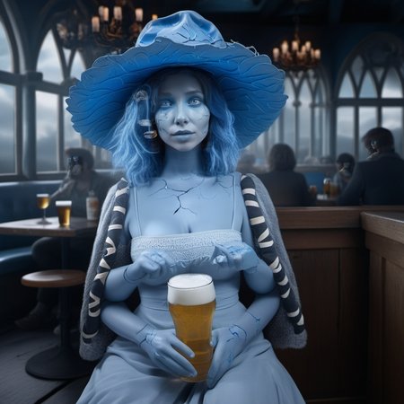 cinematic photo a full body woman with blue skin, wears a hat and a dress, extra arms, extra face, cracked skin, holds beers in a pub <lora:Ranni1024:0.9> . 35mm photograph, film, bokeh, professional, 4k, highly detailed